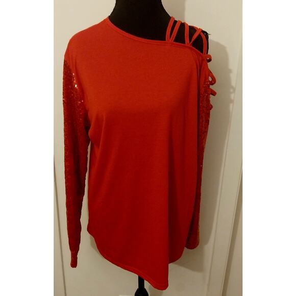 Red Sequin Cold Shoulder Strappy Long Sleeve Shirt Women’s 2XL Holiday Party - Picture 1 of 9
